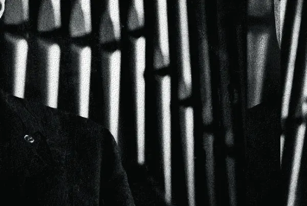 Detail of a work by Andres L. Hernandez: black vertical bars over a dark field.