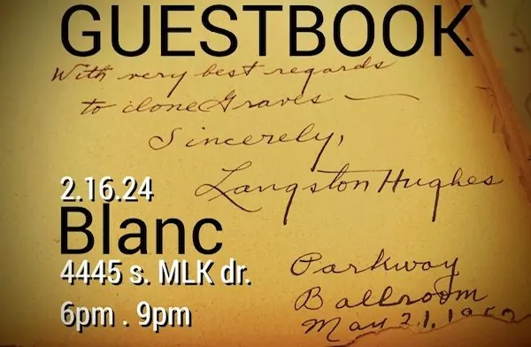 GuestBook poster over a handwritten Parkway Ballroom guest book page signed by Langston Hughes.