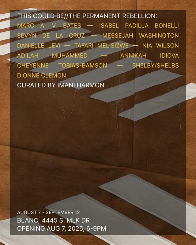 Exhibition poster for This Could Be//The Permanent Rebellion: strips of white fabric stitched onto brown paper, with the artists’ names in gold type.